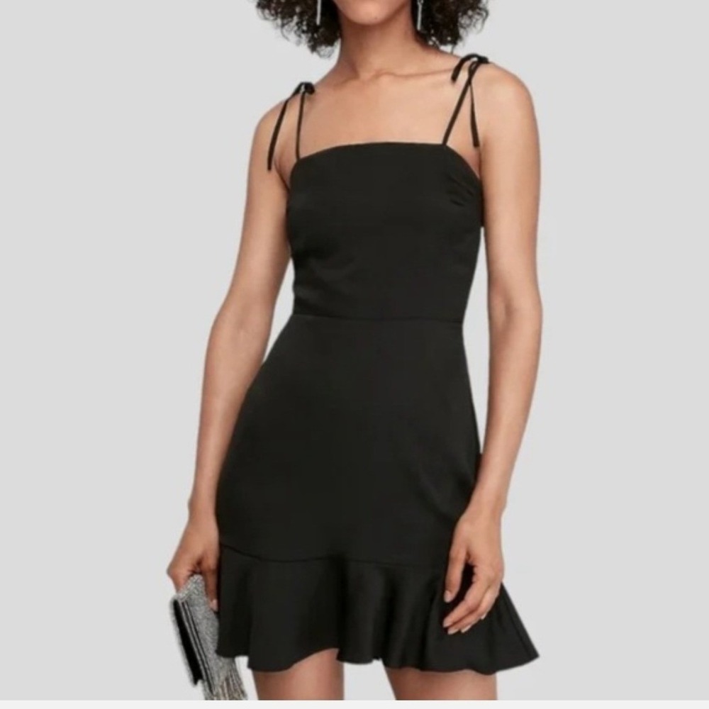 Express Black Ruffle Hem Tie Strap Mini Dress XL Smocked Back 90240